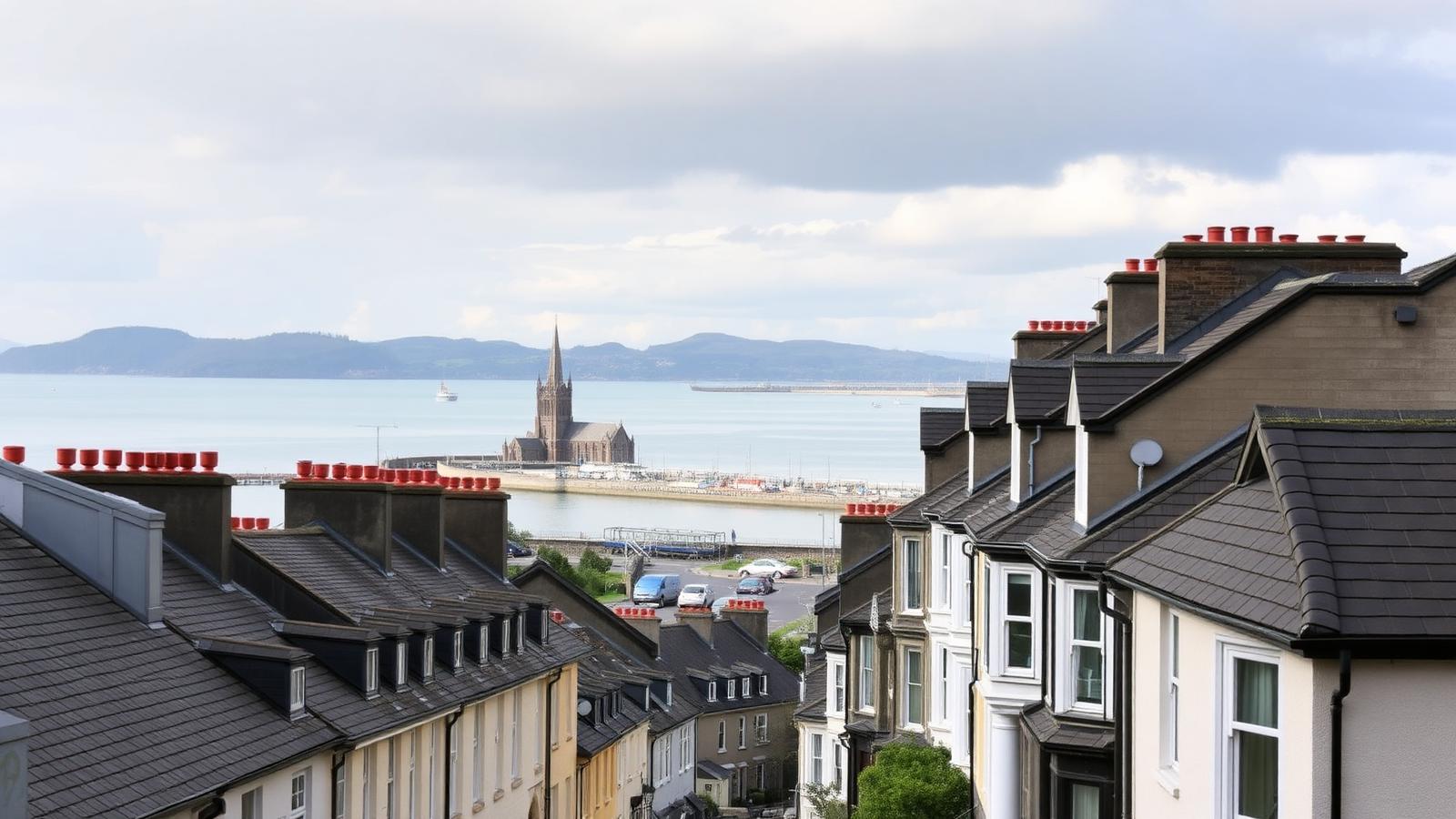 Slate-roofed Victorian terraces in Bangor looking out over the Menai Strait
