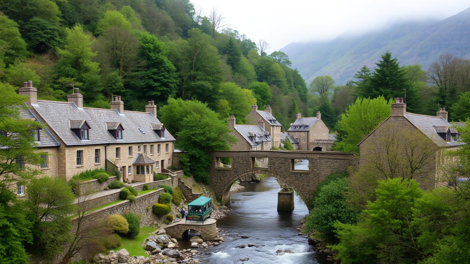 Stone cottages with steep slate roofs in Betws-y-Coed, Snowdonia
